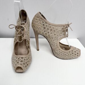 Giambattista Valli Leather & Eyelet Shoes High Sexy Heels Taupe Lace Ups Size 40